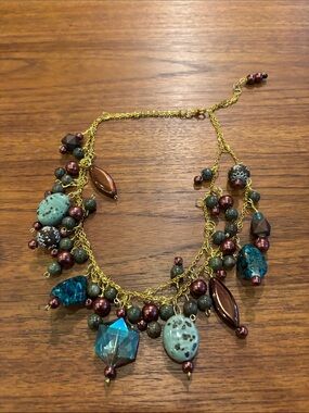 Hand Crafted Teal, Turquoise & Brown Beaded Statement Necklace